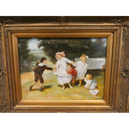 168 - 20th century oil on board of children playing in a garden, monogrammed JB, swept gilt frame, size 11... 