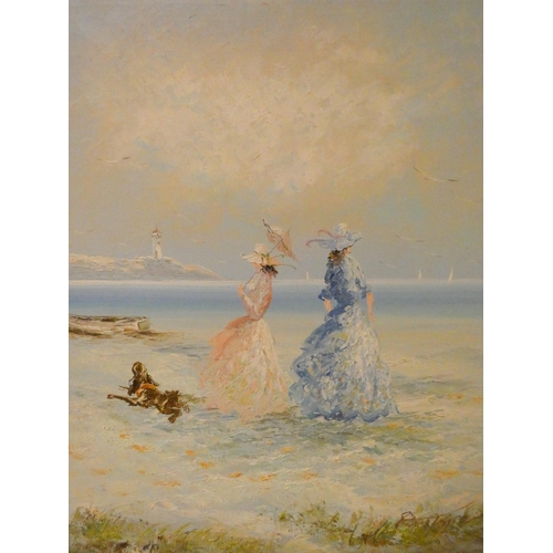 169 - Framed oil on canvas impressionist style painting of young ladies promenading on the beach, signed, ... 