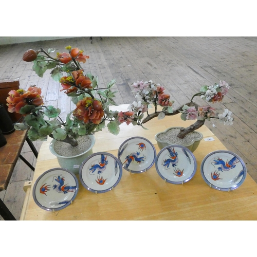 185 - Two Japanese jewelled bonsai trees and some oriental lustre plates