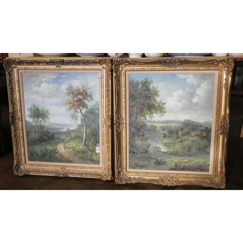 189 - Pair of oil on canvas paintings of pastoral landscape scenes, indistinctly signed. In gilt frames. I... 