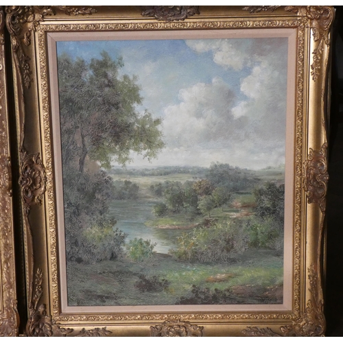 189 - Pair of oil on canvas paintings of pastoral landscape scenes, indistinctly signed. In gilt frames. I... 