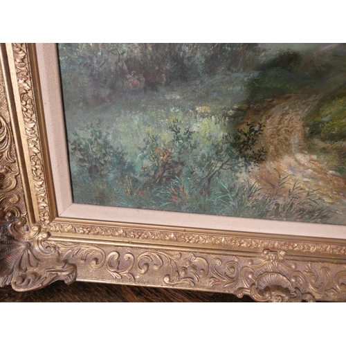 189 - Pair of oil on canvas paintings of pastoral landscape scenes, indistinctly signed. In gilt frames. I... 