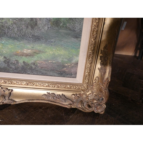 189 - Pair of oil on canvas paintings of pastoral landscape scenes, indistinctly signed. In gilt frames. I... 