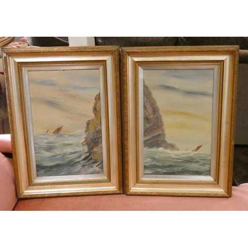 190 - Pair of oil on board paintings of seascapes - one entitled Les Granites Jersey. Image size 18