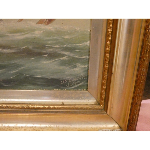 190 - Pair of oil on board paintings of seascapes - one entitled Les Granites Jersey. Image size 18