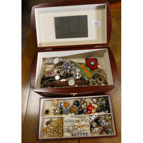 295 - A mahogany modern jewellery box containing paste and modern wristwatches etc