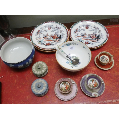 194 - Wedgwood Jasper pedestal fruit bowl, two lidded trinket jars, three Dresden cabinet cups and saucers... 