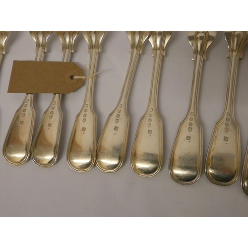 724 - A set of twelve Victorian silver fiddle pattern table forks, London hallmarks 1845, John & Henry Lia... 