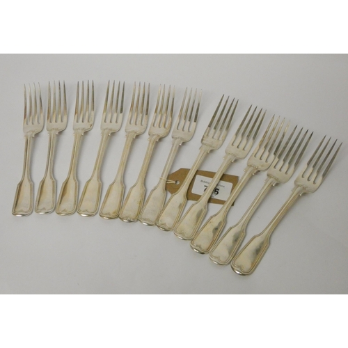 725 - A set of twelve Victorian silver fiddle pattern dessert forks, London hallmarks 1845, John & Henry L... 