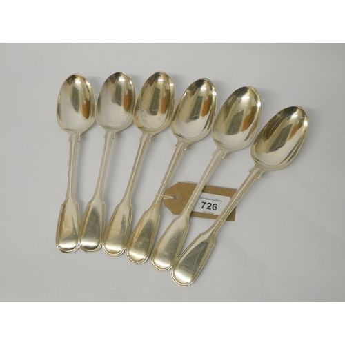 726 - A set of six Victorian silver fiddle pattern table spoons, London hallmarks 1843, Chawner & Co. Gros... 