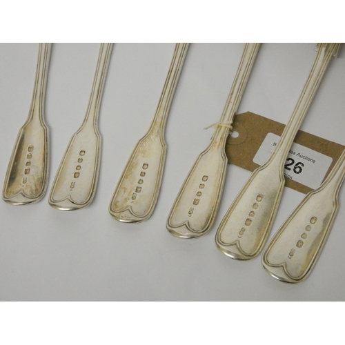 726 - A set of six Victorian silver fiddle pattern table spoons, London hallmarks 1843, Chawner & Co. Gros... 