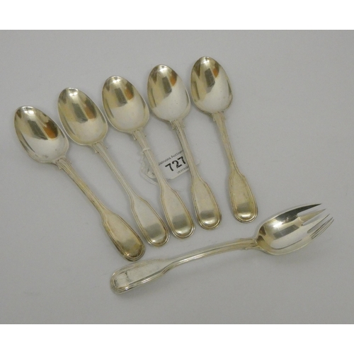 727 - Victorian silver fiddle pattern teaspoons - one adapted into a fork, London hallmarks 1845, Chawner ... 