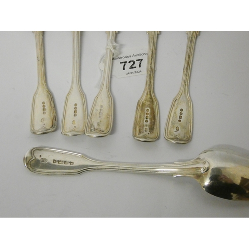 727 - Victorian silver fiddle pattern teaspoons - one adapted into a fork, London hallmarks 1845, Chawner ... 