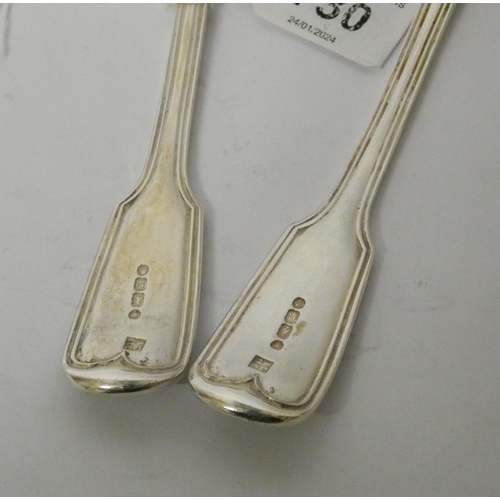 730 - A pair of Victorian silver fiddle pattern sauce ladles, London hallmarks 1845, Henry & John Lias. Gr... 