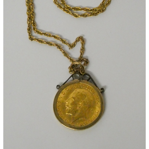 739 - George V gold half sovereign, on 9ct gold pendant mount with 9ct gold chain. Weight 8.1g