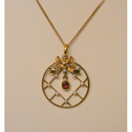 745 - Edwardian 15ct gold ruby and seed pearl pendant, on 9ct gold fine chain. Gross weight 4.3g, pendant ... 