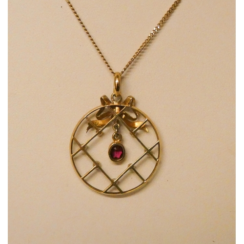 745 - Edwardian 15ct gold ruby and seed pearl pendant, on 9ct gold fine chain. Gross weight 4.3g, pendant ... 