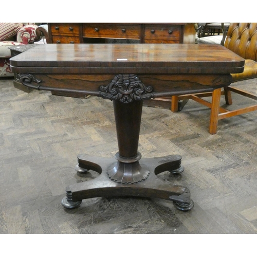 155 - A Victorian rosewood folding top card table on pillar and platform base, 3' wide