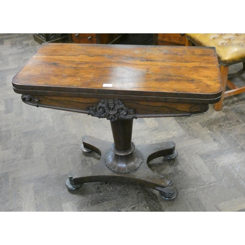 155 - A Victorian rosewood folding top card table on pillar and platform base, 3' wide