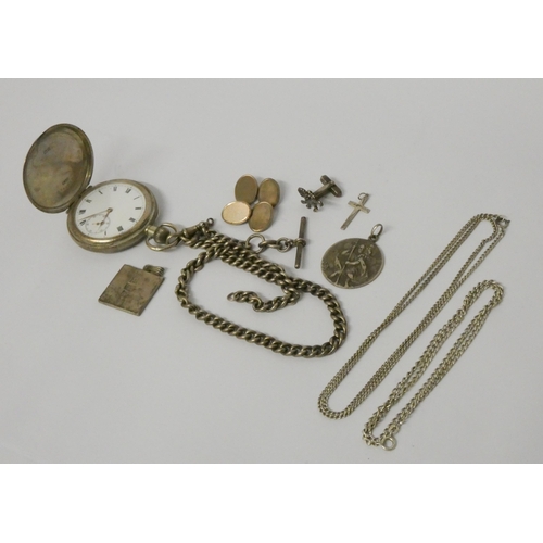 755 - A Victorian silver hunter pocket watch, silver albert chain, ingot, cufflinks etc