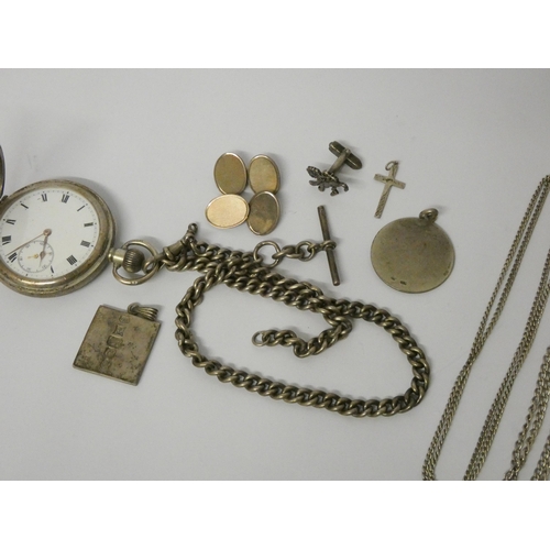 755 - A Victorian silver hunter pocket watch, silver albert chain, ingot, cufflinks etc