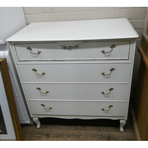 36 - French style cream and gilt bedroom chest of four long drawers and a similar bedside cabinet