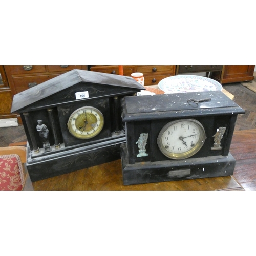 105 - A Victorian black slate architectural style mantle clock and another similar wooden cased clock