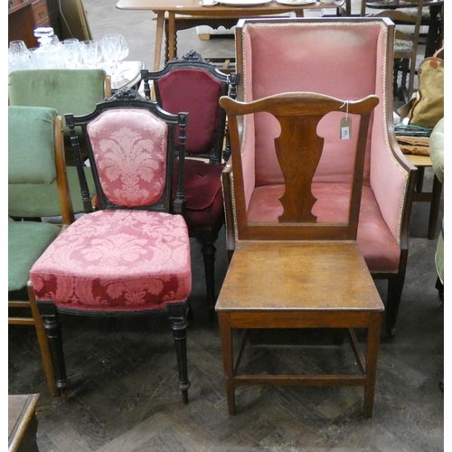 108 - A collection of four chairs, two Victorian pink upholstered bedroom chairs, a panelled oak chair and... 