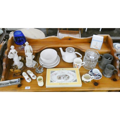 129 - A cut glass biscuit barrel, nursery china, pewter tankards, Poole Pottery and modern figurines