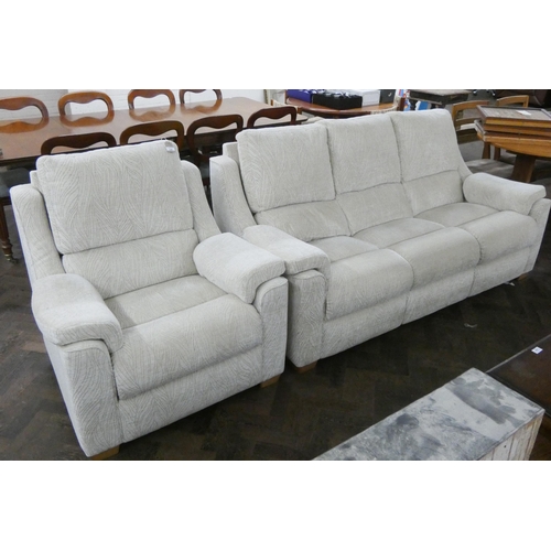 155 - A modern three seater beige chenille sofa and a matching armchair