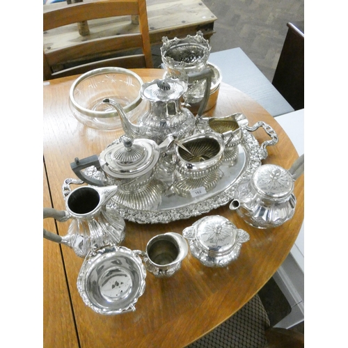 162 - Two silver plated three piece tea services, a large oval twin handled tray, ice pail, water jugs, fr... 