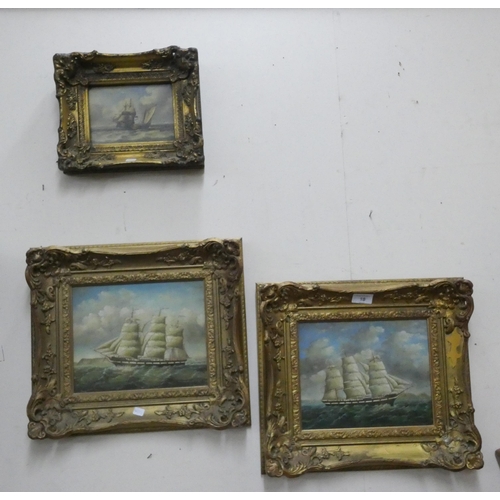 18 - Three decorative fancy gilt framed Victorian style pictures of ships