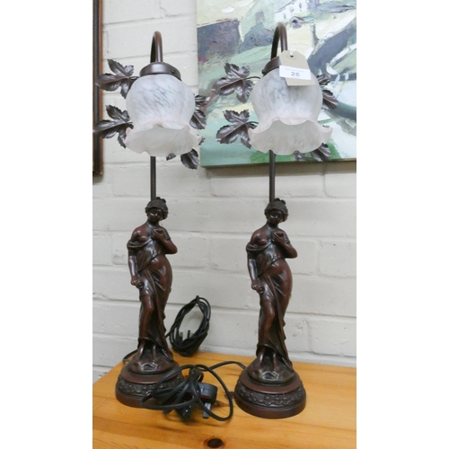 26 - A pair of Art Nouveau style lady lamps with marbled glass shades