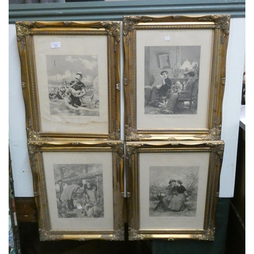 38 - A set of Four Seasons Victorian black and white framed prints in gilt frames