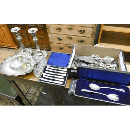 46 - Large quantity of silver plated cutlery, cased cutlery, eggcups, candlesticks etc