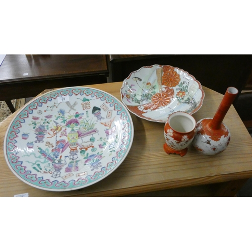 52 - A Chinese Famille Rose oval charger, Japanese Satsuma etc