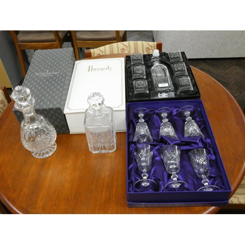 167 - Waterford crystal decanter, Harrods decanter, decorative glass water set and six cut wine glasses