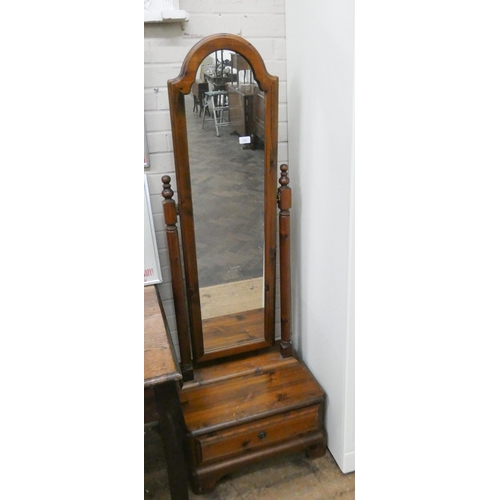 173 - A pine framed cheval dressing mirror with drawer in base