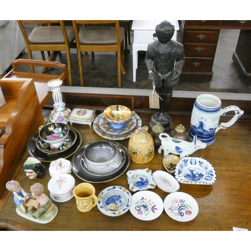 181 - Knight figure ornament, tea ware, tankard, small ornaments etc