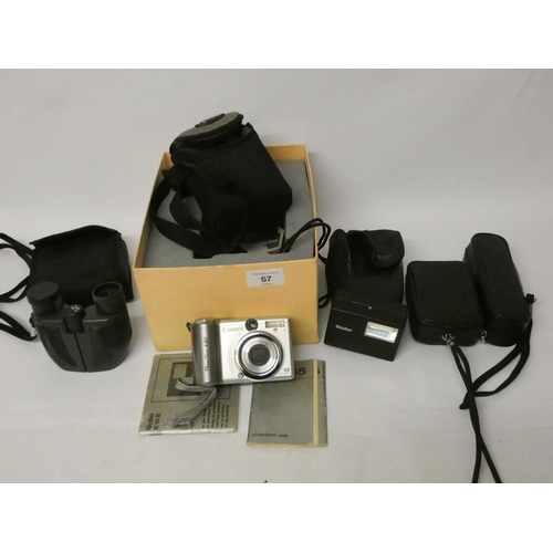 67 - A Canon camera, small pair of binoculars, flash lens etc - most in cases