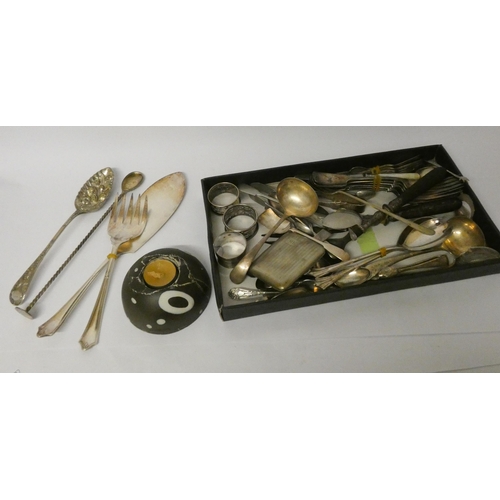 70 - Silver plated cutlery, napkin rings, cigarette case, pottery votive holder etc