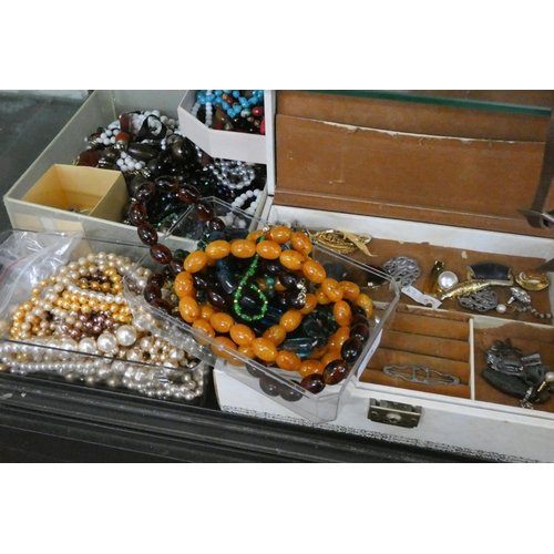 73 - Assorted canter lever jewellery boxes, faux amber, faux peal bead necklaces etc