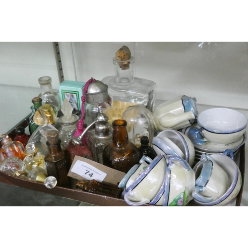 74 - A collection of vintage scent bottles, Japanese lustre doll's tea set etc