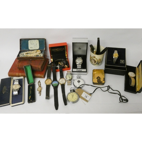 75 - Five vintage fountain pens, a collection of stop and wristwatches, two old books and other collectab... 