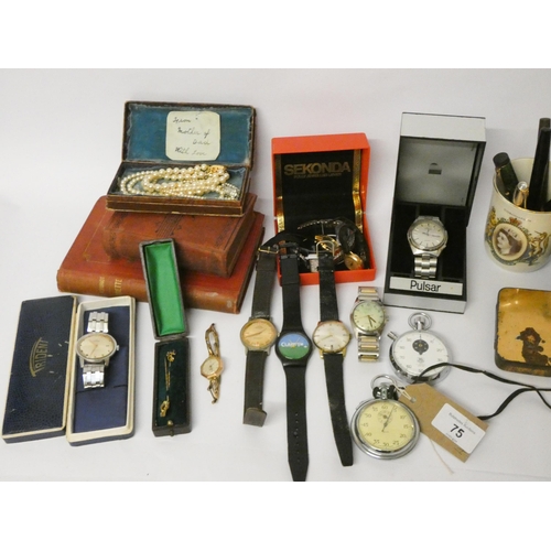 75 - Five vintage fountain pens, a collection of stop and wristwatches, two old books and other collectab... 