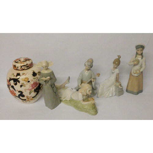 76 - A Doulton Reflections lady figure, Spanish figurines and a Mason's ginger jar and cover