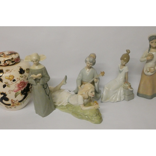 76 - A Doulton Reflections lady figure, Spanish figurines and a Mason's ginger jar and cover