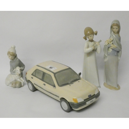 80 - Three Lladro figurines and an unusual Lladro Ford Fiesta car