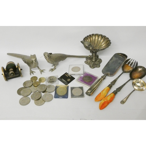 87 - Silver plated pheasant ornaments, commemorative crowns, cutlery, crumb scoop, salad servers