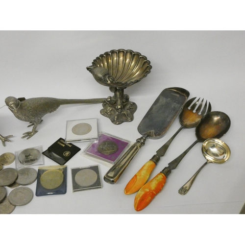 87 - Silver plated pheasant ornaments, commemorative crowns, cutlery, crumb scoop, salad servers